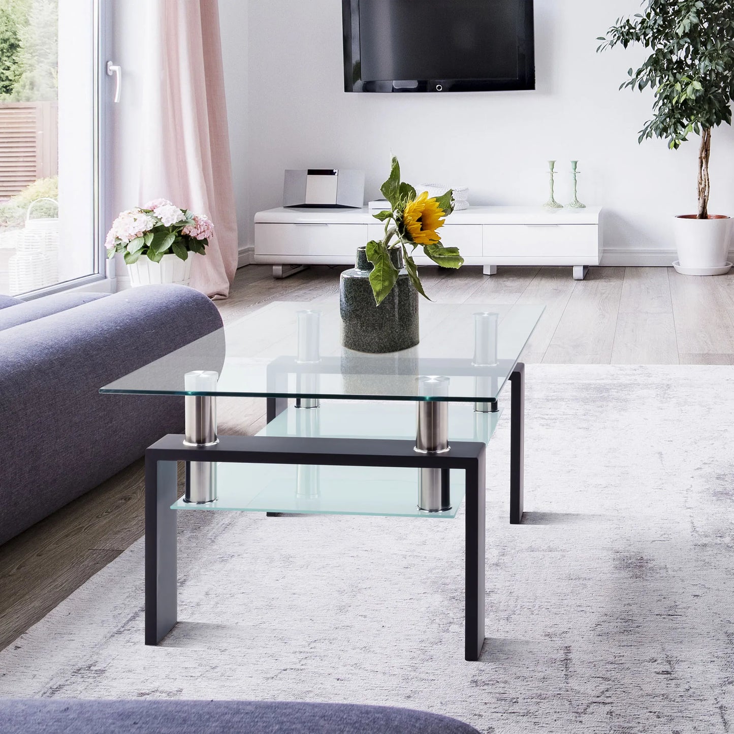 Living Room Modern Side Center Table with Black Glass