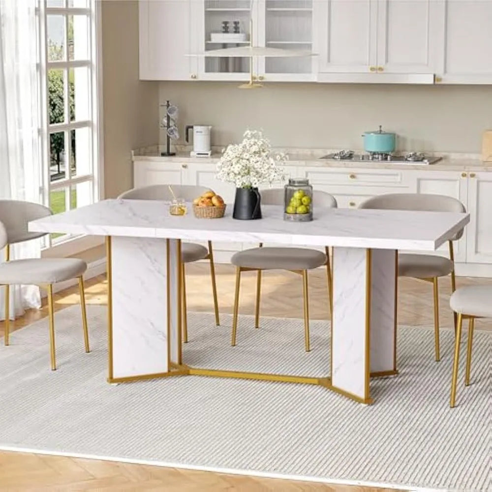 White Marble Wooden Rectangular Dining Table With Gold Metal Frame