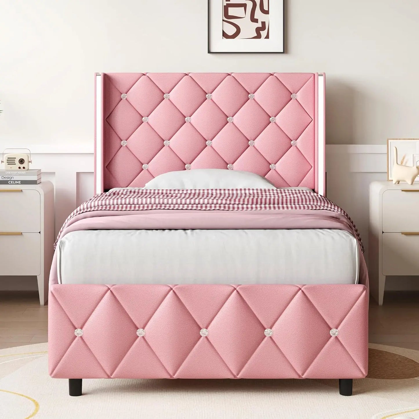 Velvet Upholstered Bed Frame with Wingback and Diamond Headboard