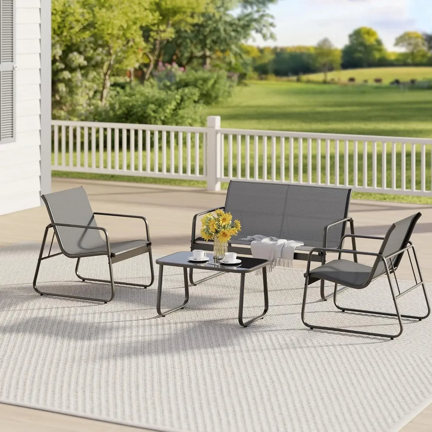 Patio Furniture Set with Glass Coffee Table