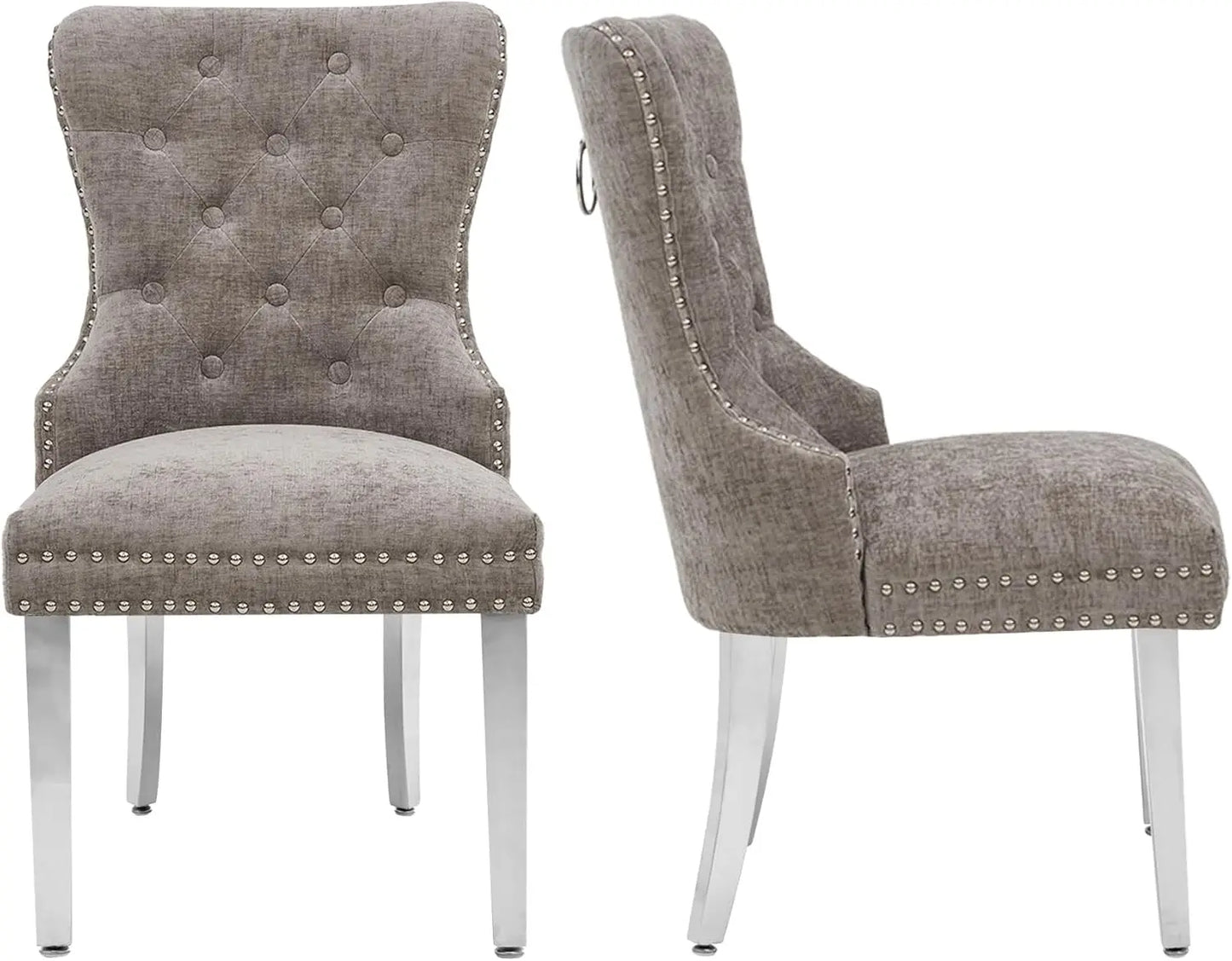 Tufted Upholstered Leather Dining Chairs with Solid Wood Legs and a Pull Ring