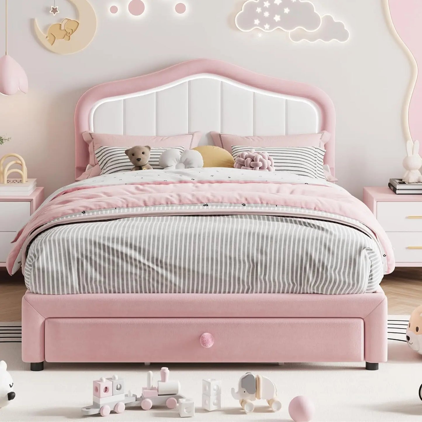 Modern Princess Style Upholstered Bed Frame with LED Crown Headboard