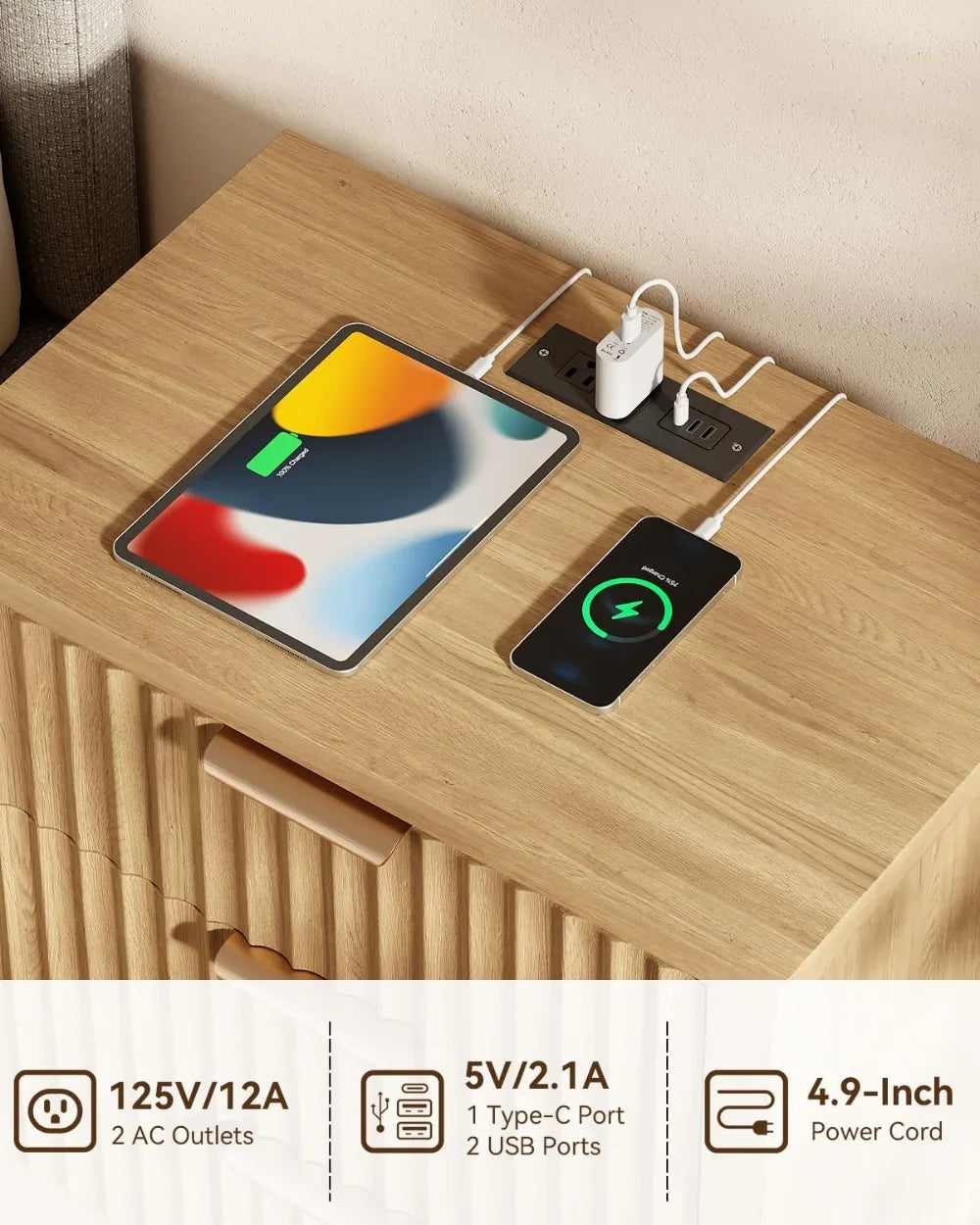 Fluted Nightstand with Charging Station