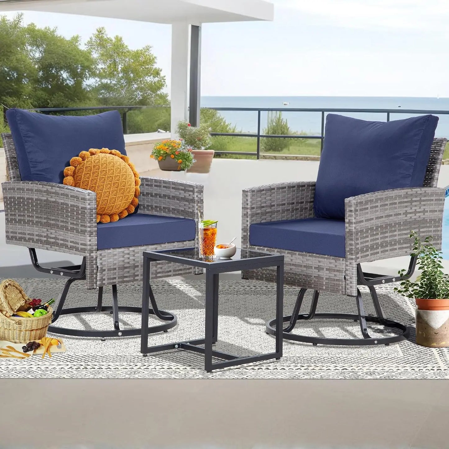 Swivel Patio Furniture Set with Glass Coffee Table and Thick Cushions