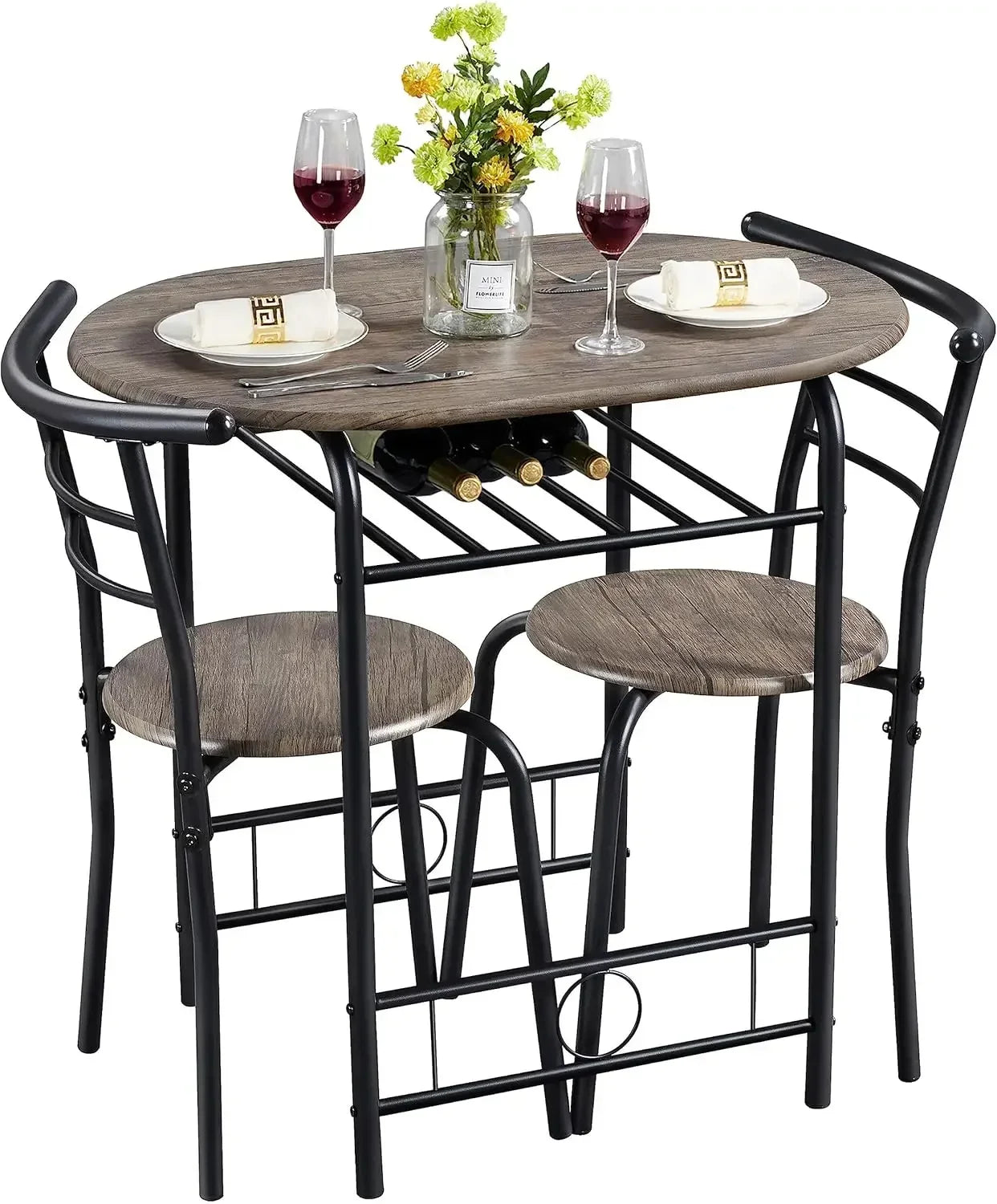 Compact Bistro Table Set with Steel Legs Built-in Wine Rack