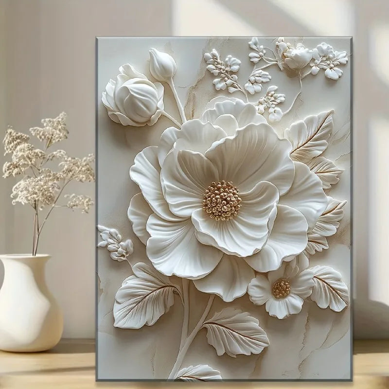 Wood Frame Canvas White Flower Pattern Mural