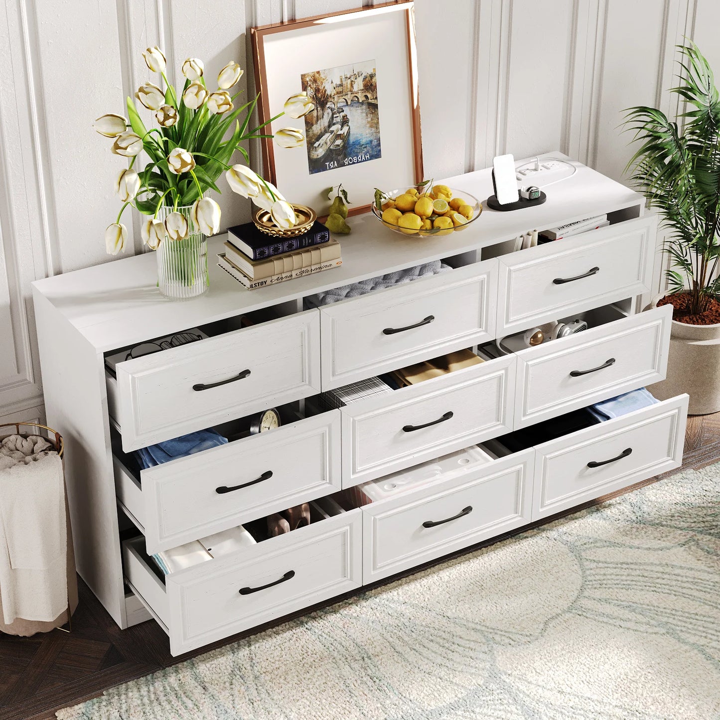 Dresser with Power Outlet&Metal Handles Wood Dresser for the Bedroom