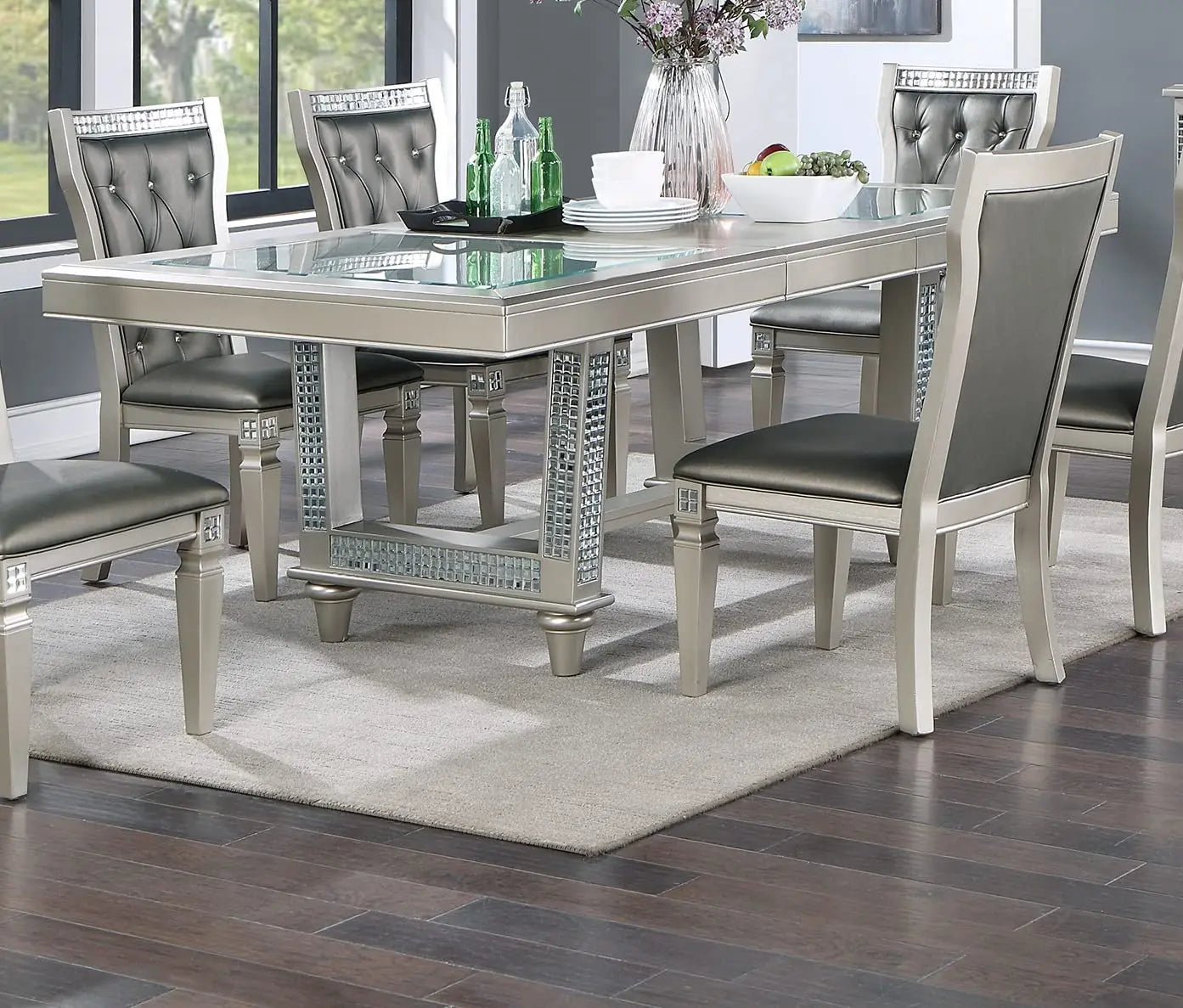 Antique traditional dining table with glass insert leaf tufted chair