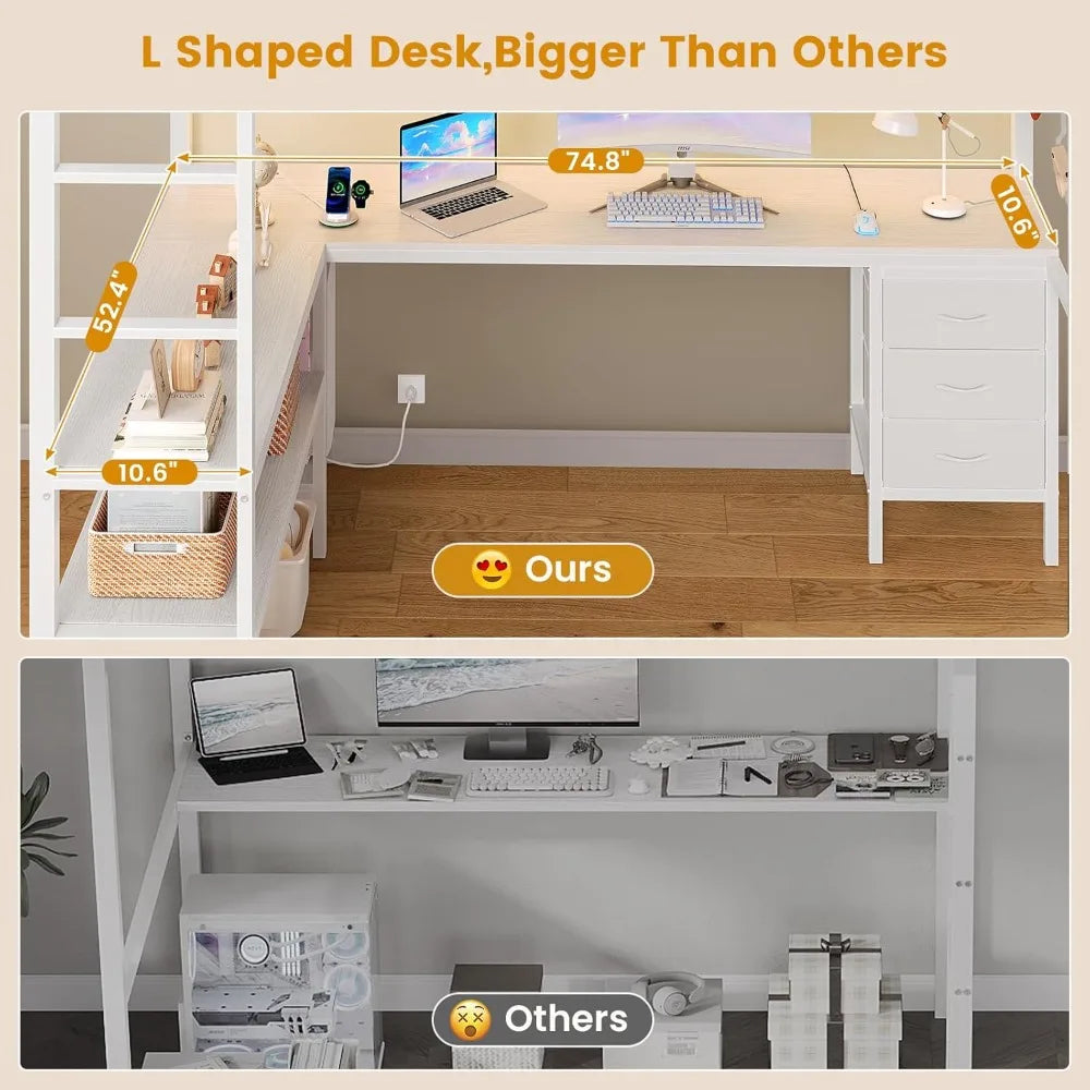 Full Size Loft Bed with L-Shaped Desk