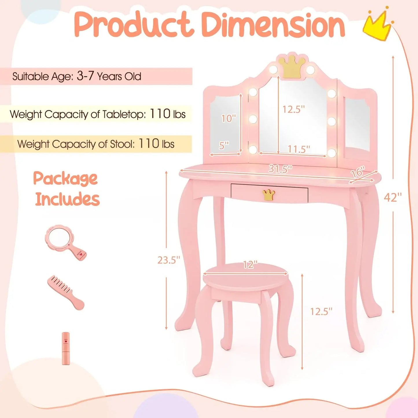 Vanity Set with Lights Mirror Stool and Drawer