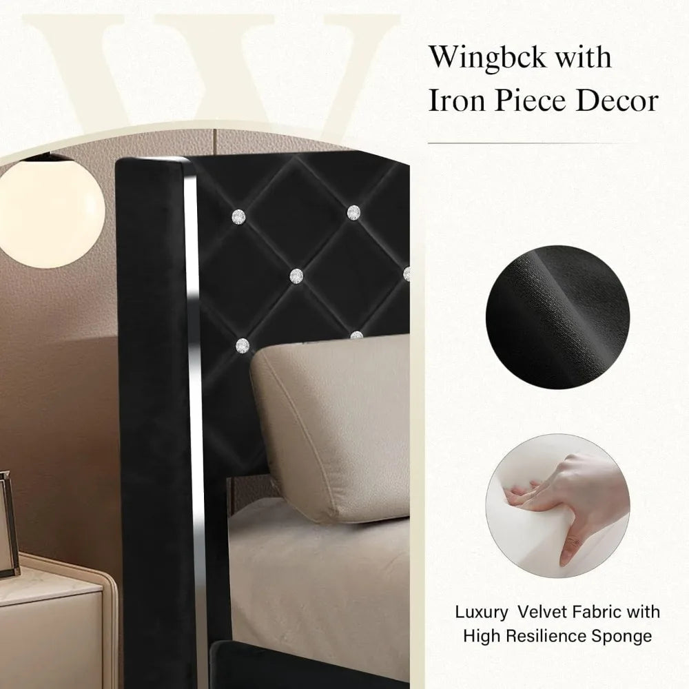 Velvet Upholstered Bed Frame with Wingback and Diamond Headboard