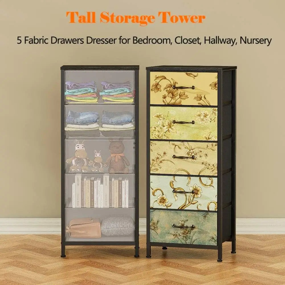 Tall Skinny Storage Tower with 5 Fabric Drawers for Bedroom