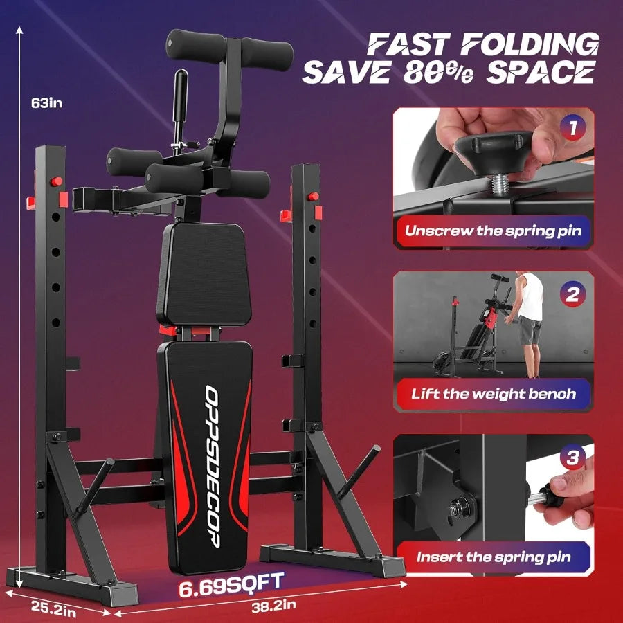 Foldable Adjustable Weight Bench Set with Squat Rack and Leg Extension/Curl