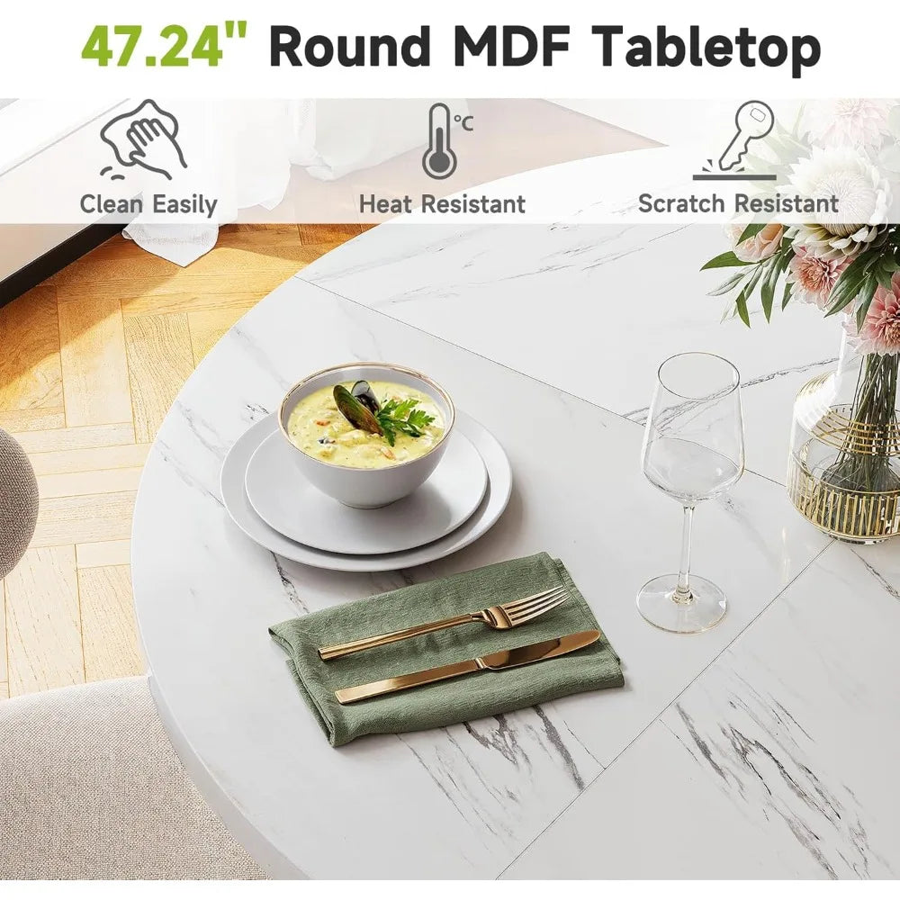 Wooden Faux Marble Round Dining Table with Gold Base