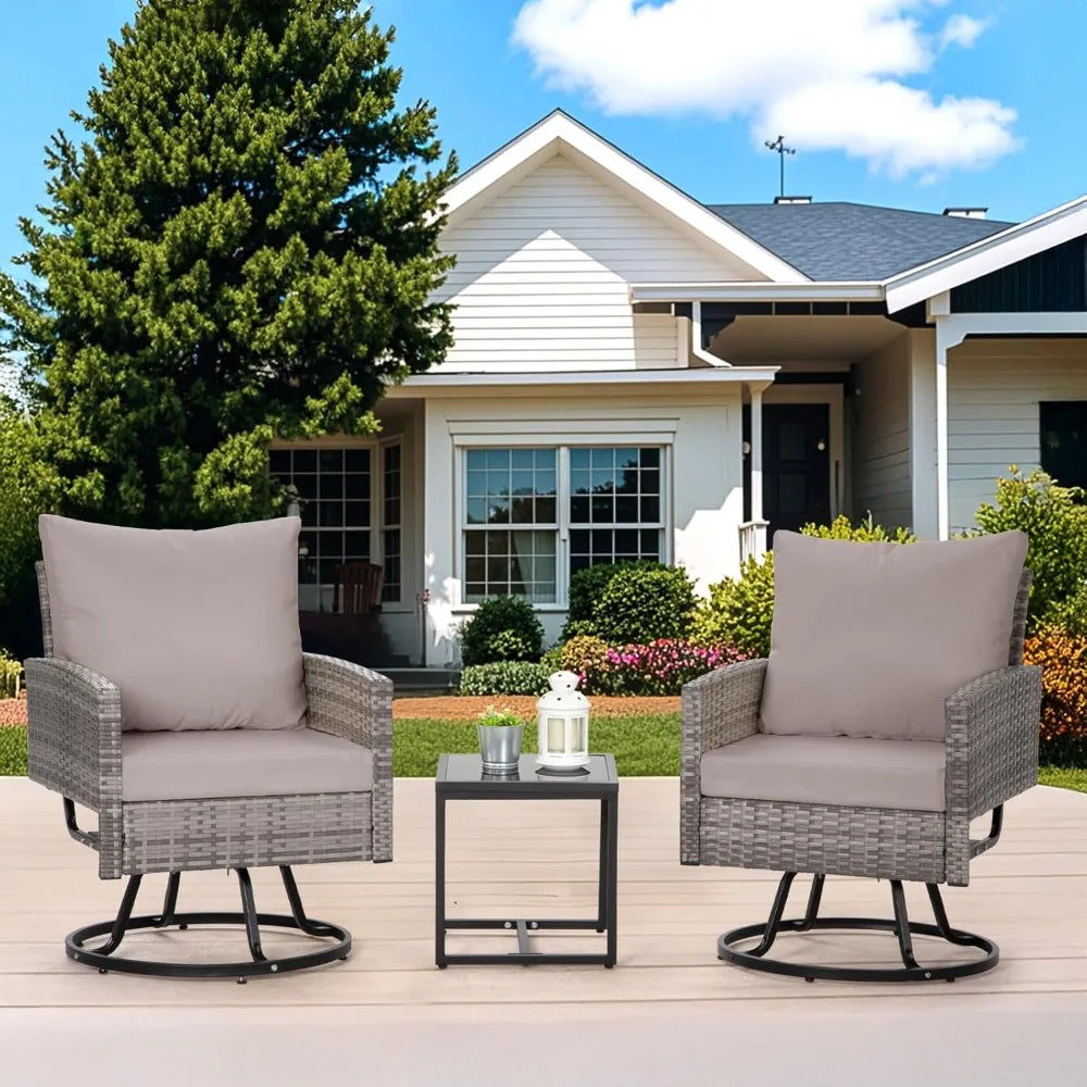 Swivel Patio Furniture Set with Glass Coffee Table and Thick Cushions