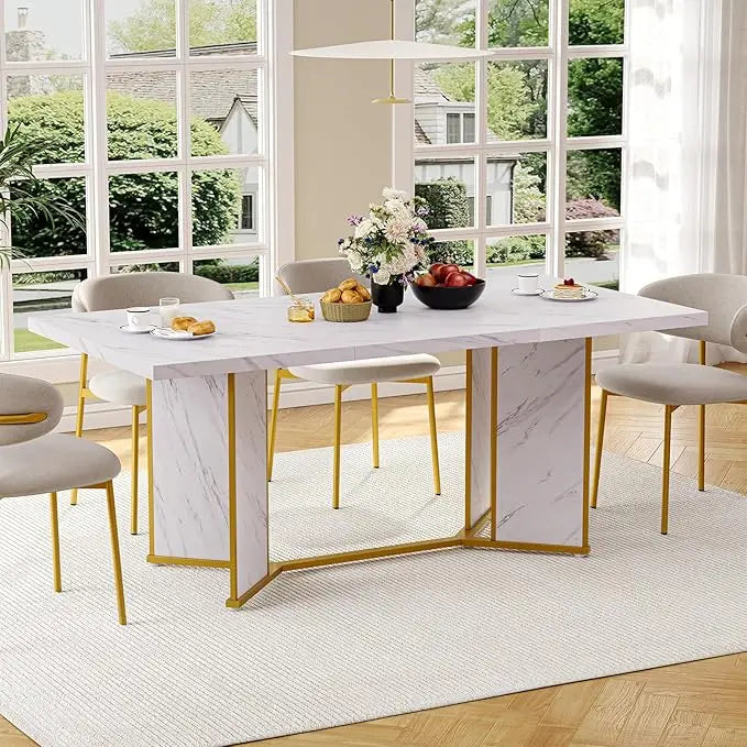 White Marble Wooden Rectangular Dining Table With Gold Metal Frame