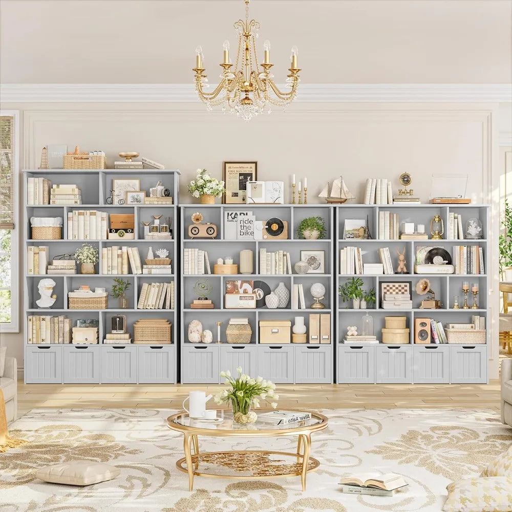 Tall Kids Bookshelf with 4 Movable Drawers and 12 Storage Cubbies