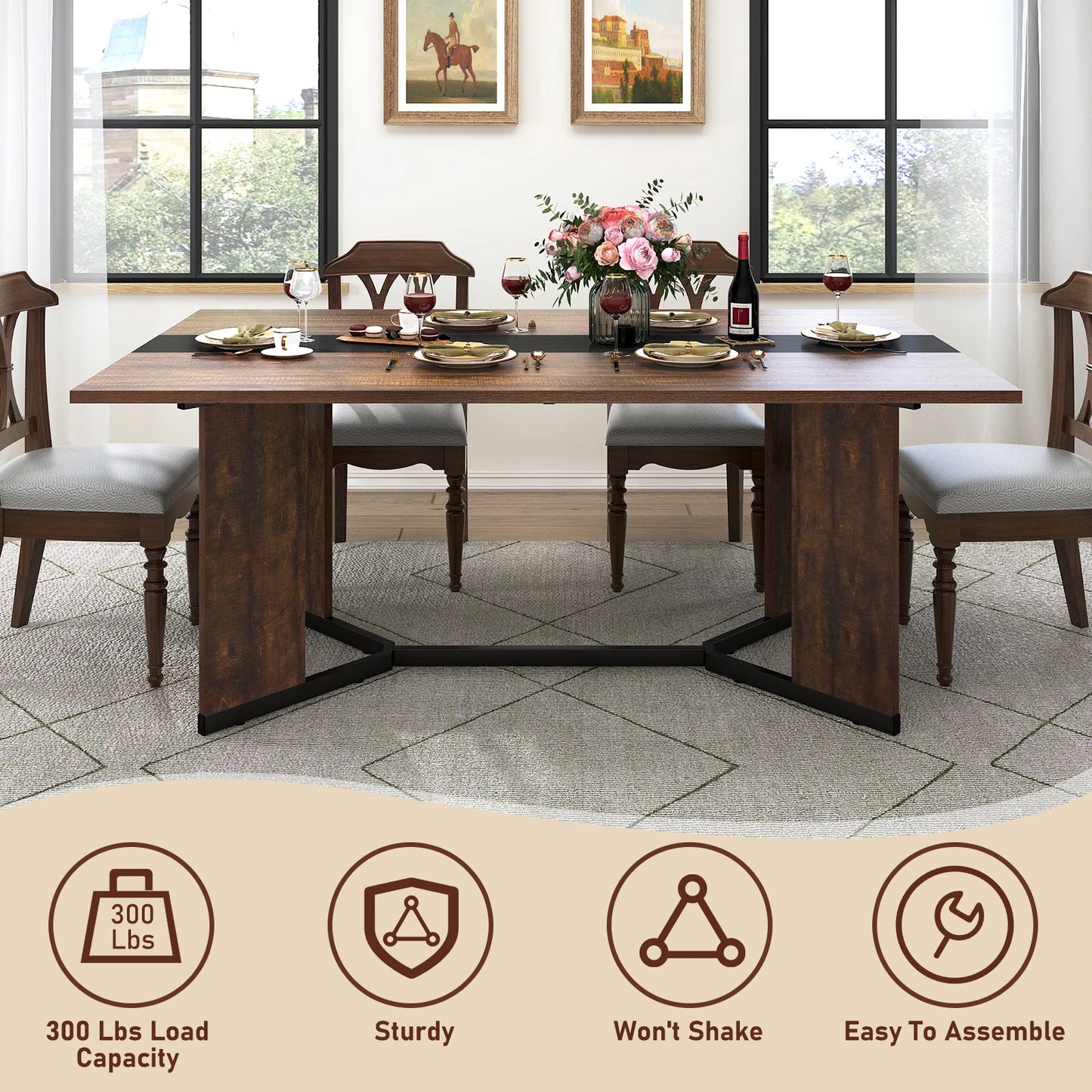 Large Rectangular White Dining Table with Marble Color, Wood Tabletop, Metal Leg