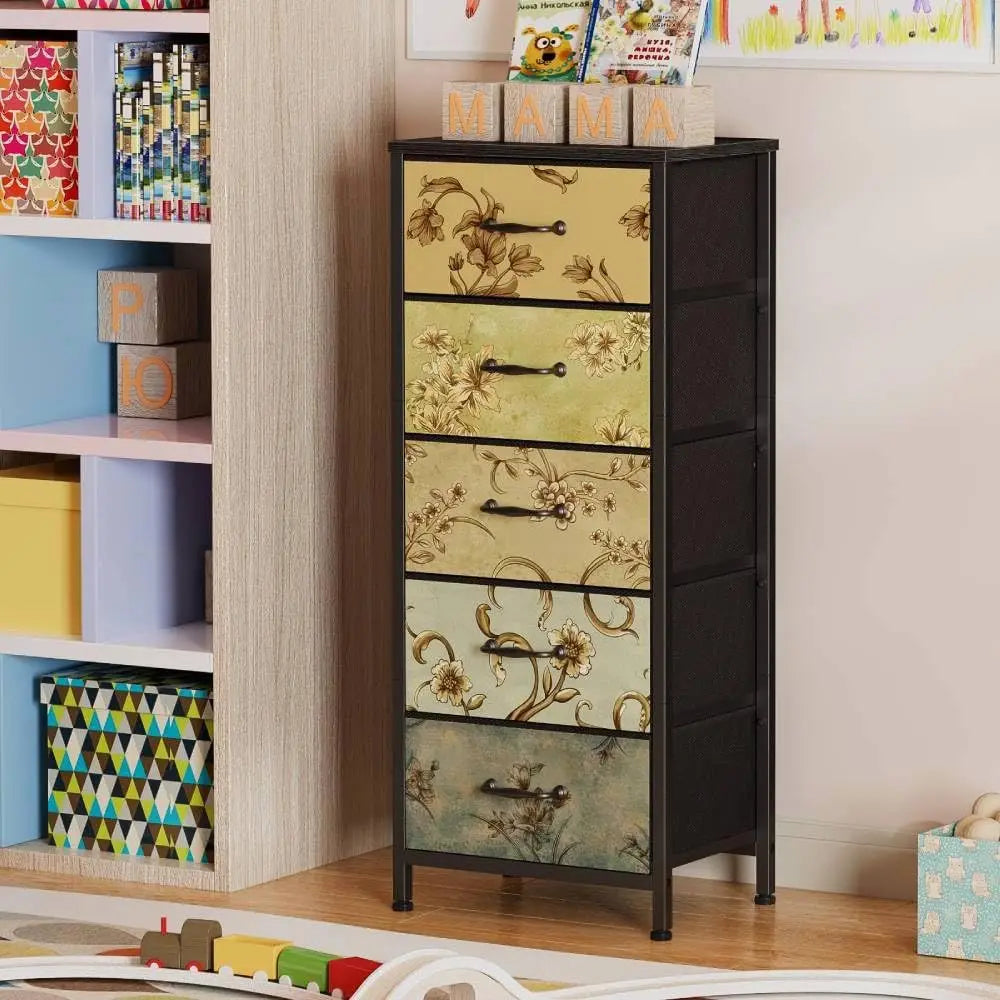Tall Skinny Storage Tower with 5 Fabric Drawers for Bedroom