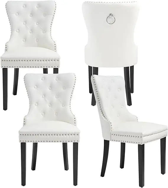 Tufted Upholstered Leather Dining Chairs with Solid Wood Legs and a Pull Ring