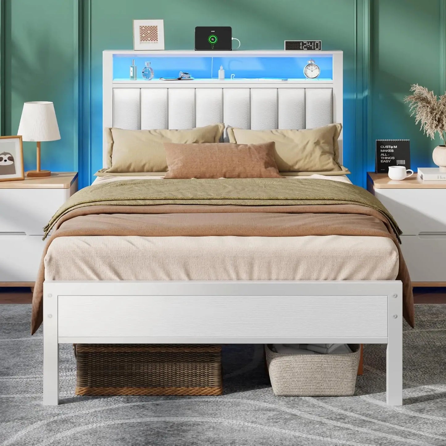 Twin Size Bed Frame with Charging Station and LED Lights