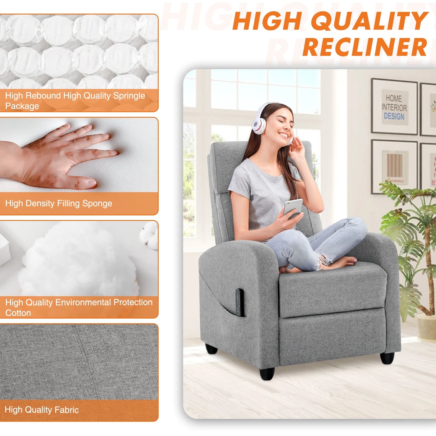 Recliner Chair Massage Sofa Fabric Theater Lumbar Support