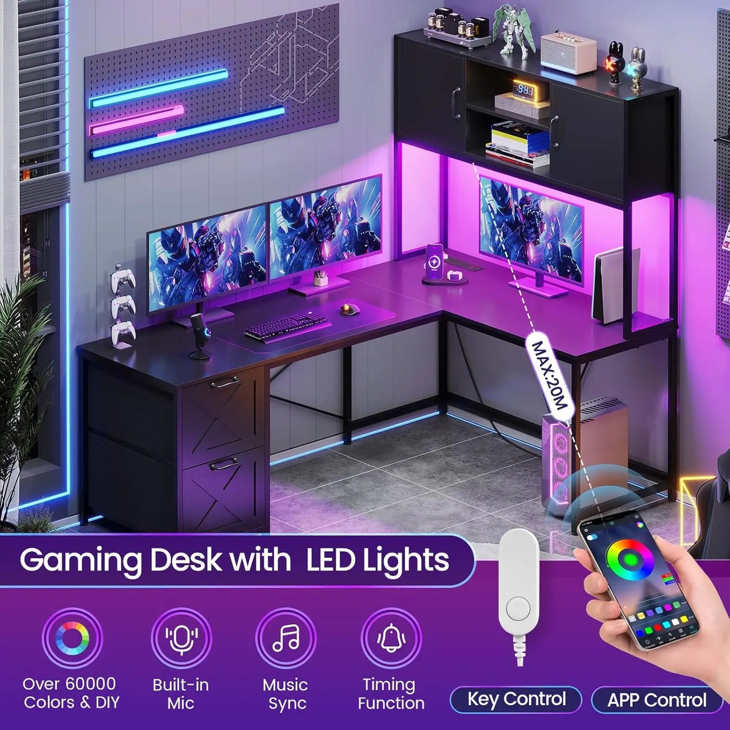 Reversible L Shaped Computer Desk with Fabric Drawers and Power Outlet