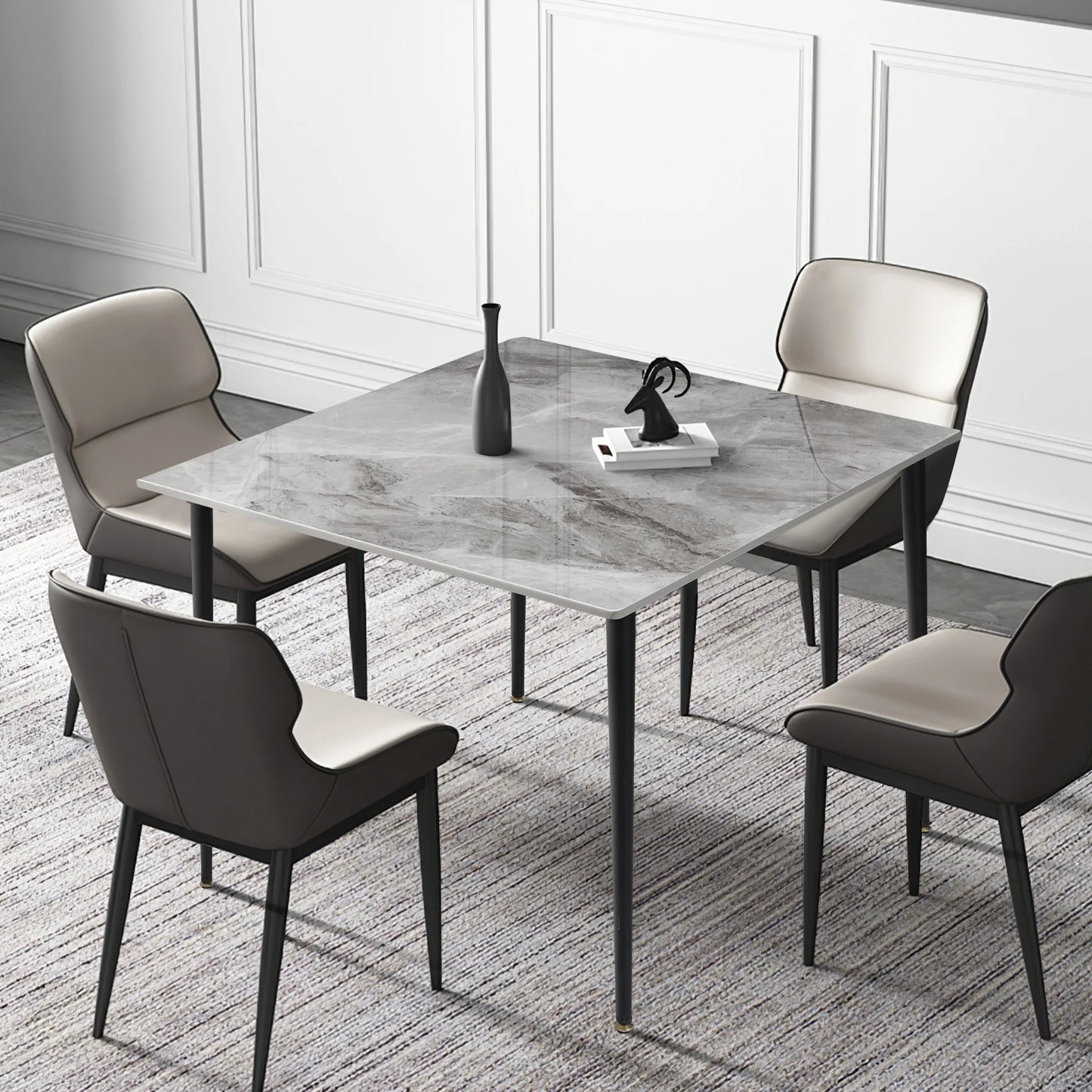Mid-Century Slate Dining Table with Sintered Stone Top and Metal Legs
