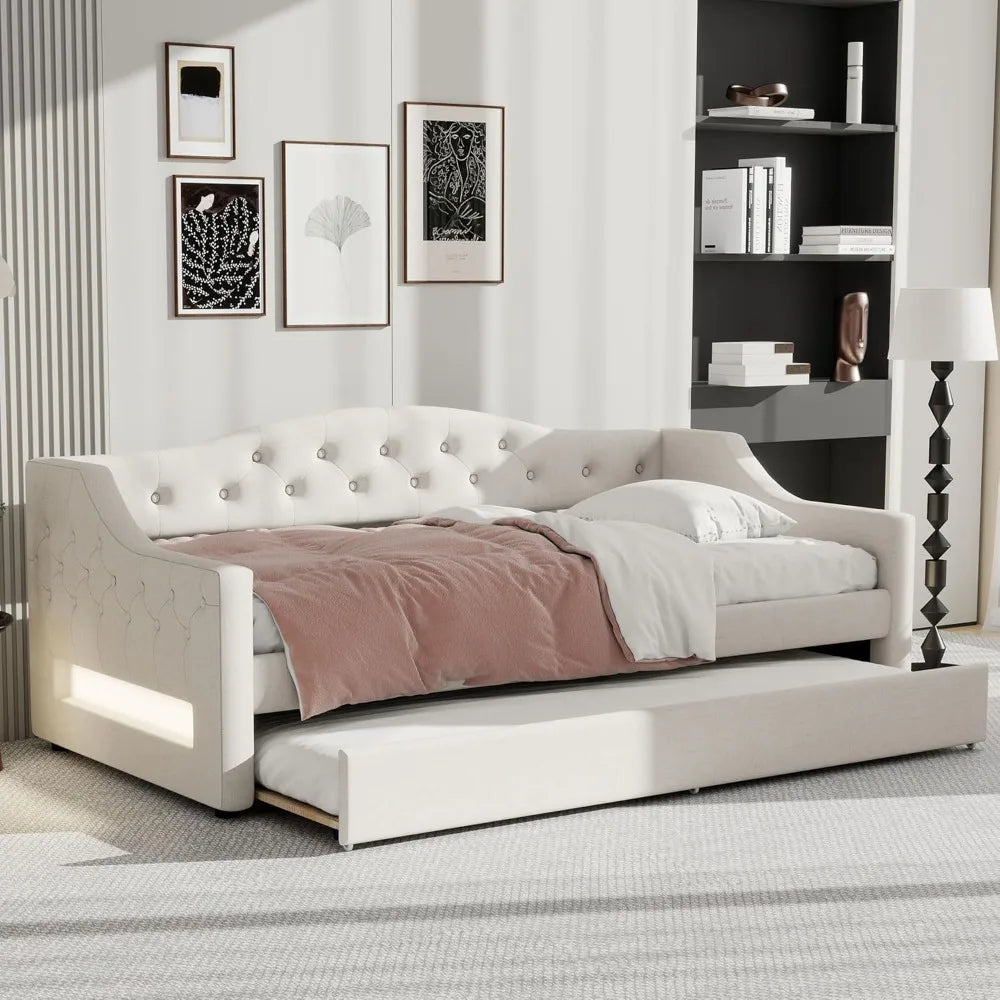 Modern Twin XL Size Daybed with LED Belt and Trundle
