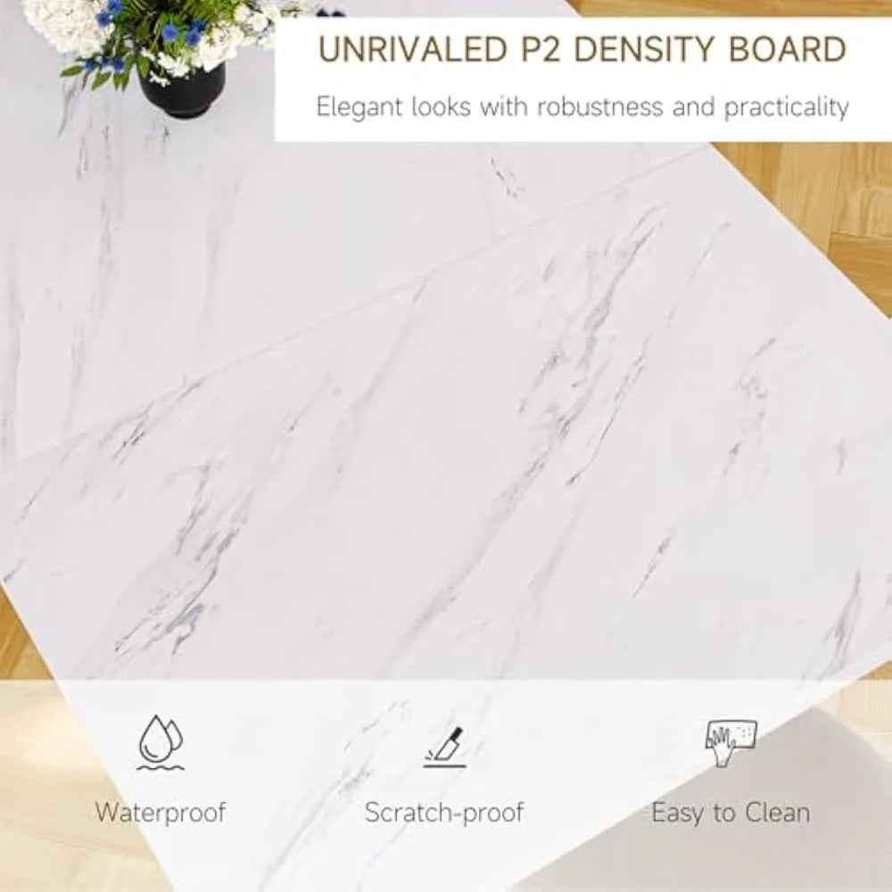 White Marble Wooden Rectangular Dining Table With Gold Metal Frame