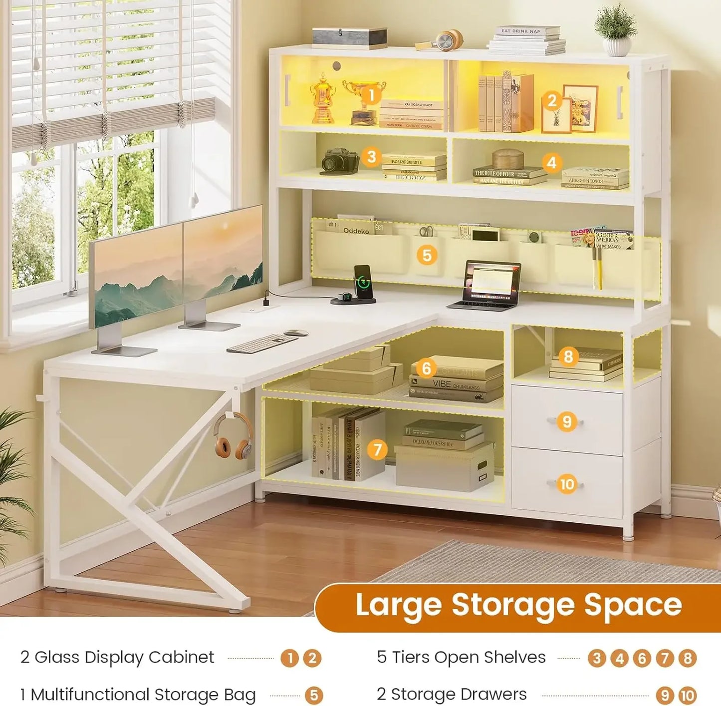 L Shaped Home Office Computer Desk with 2 Drawer and Bookshelf