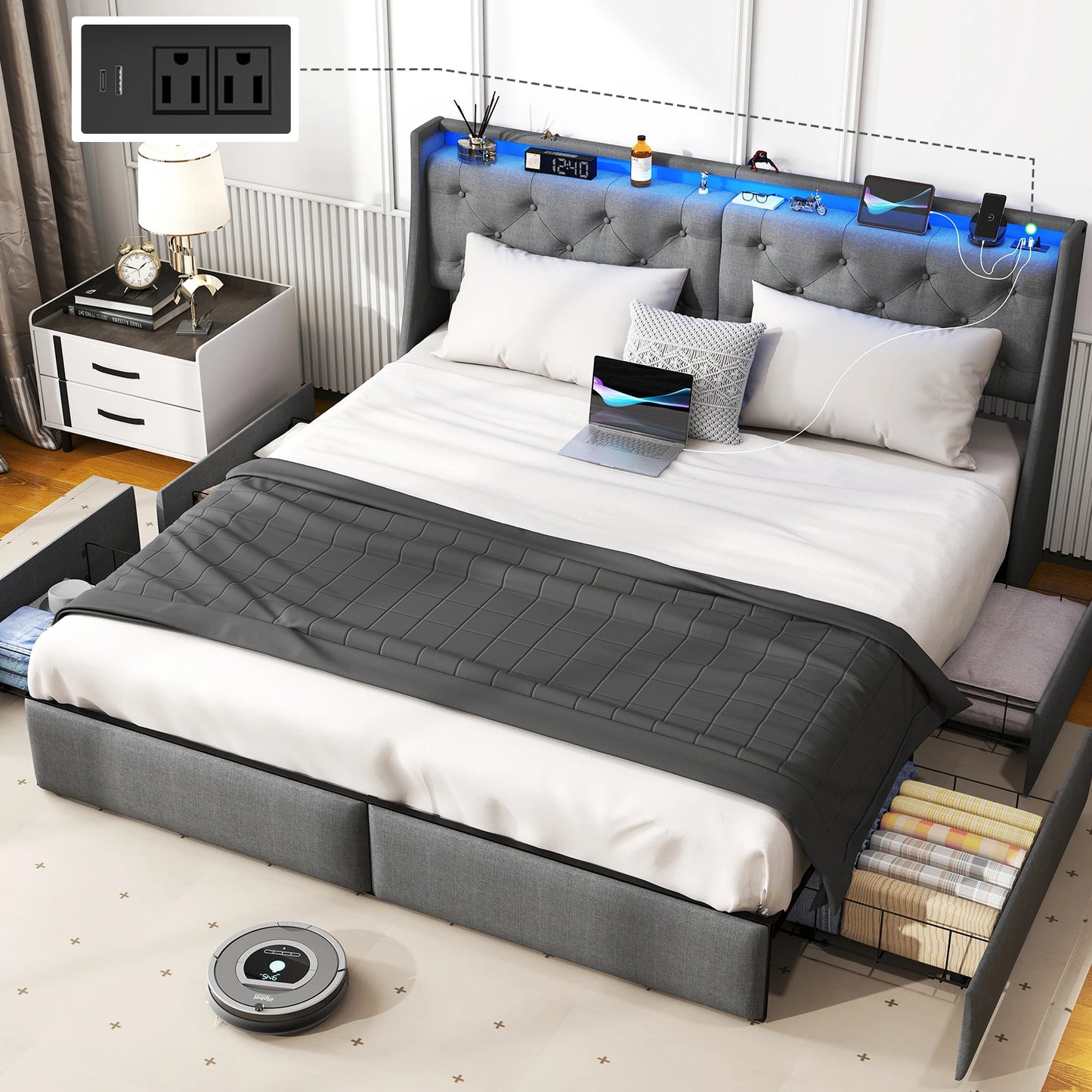 Upholstered Headboard & Bed Frame with 4 Storage Drawers and LED Lights