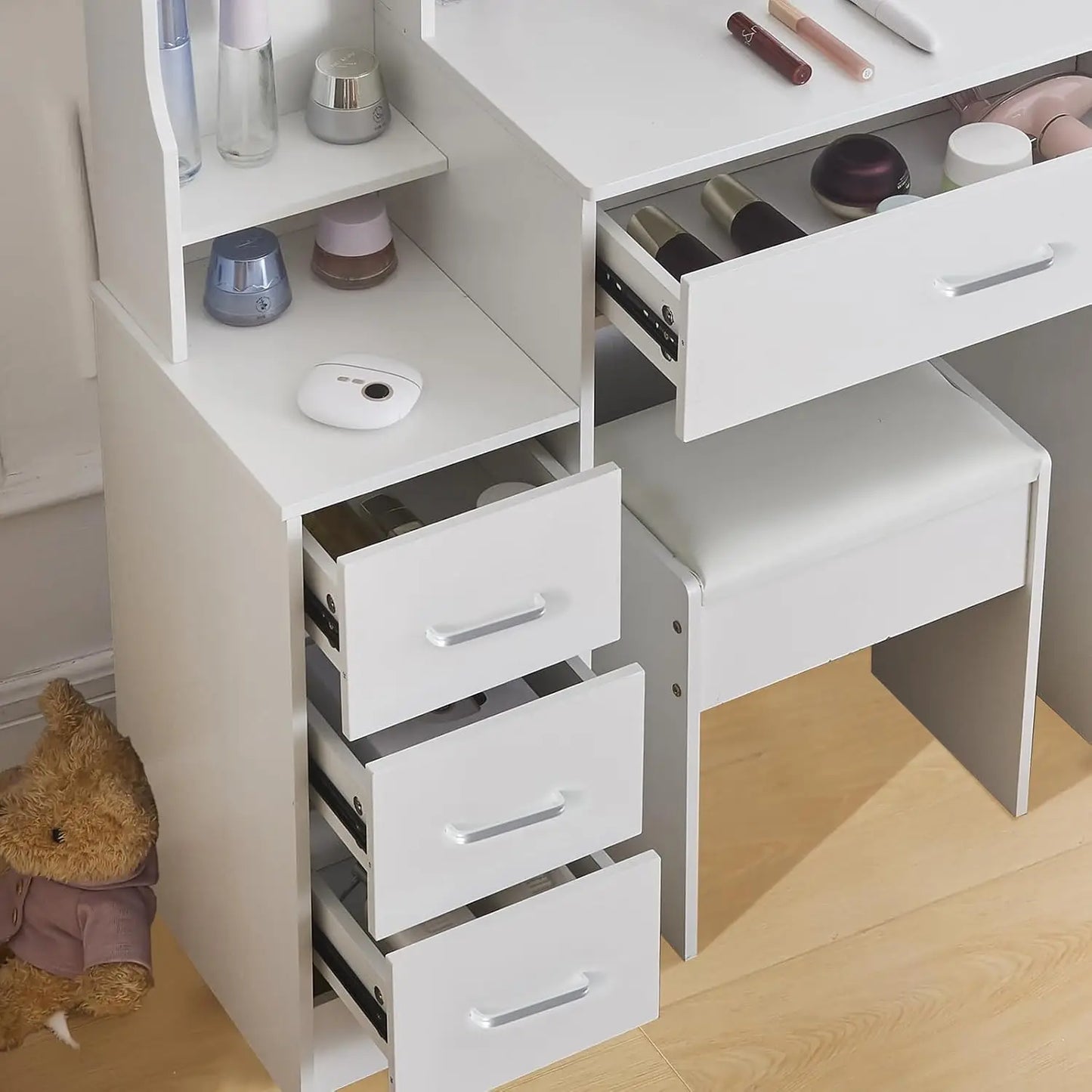Vanity Desk with LED Mirror Lights, Shelves and Stool