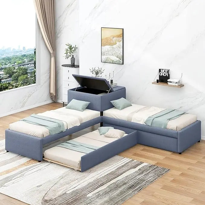 Double Twin Bed House Frame with Nightstand