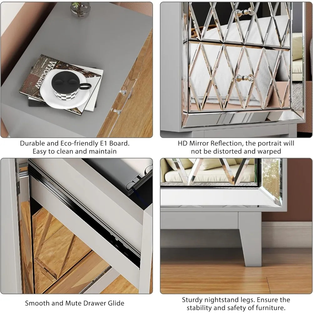 Mirrored Nightstands Set with 2 Drawer Glass Side