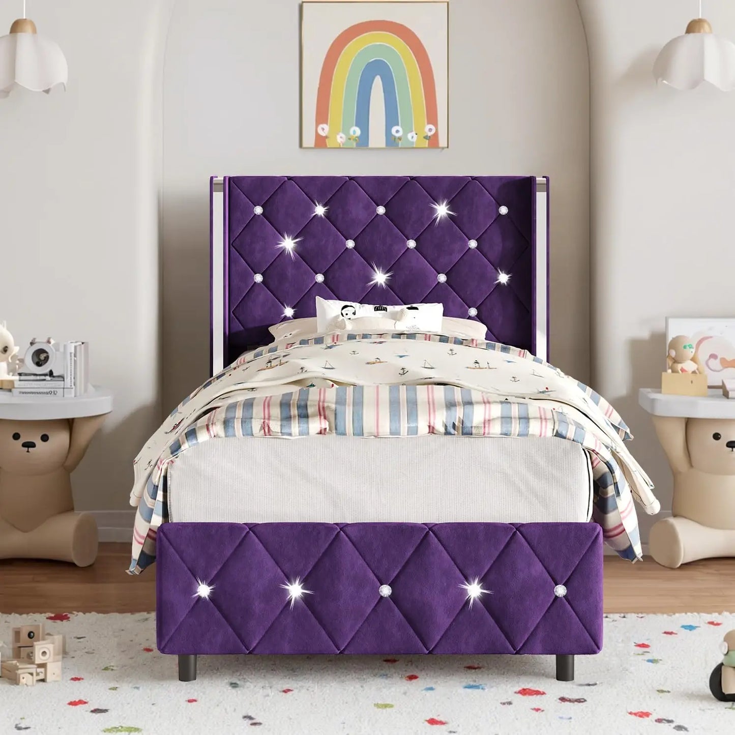Velvet Upholstered Bed Frame with Wingback and Diamond Headboard