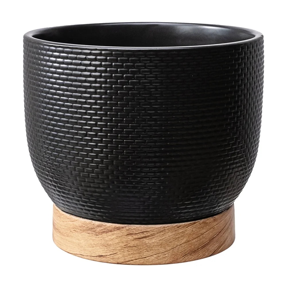 Black Woven Ceramic Planter with Wood Texture Base
