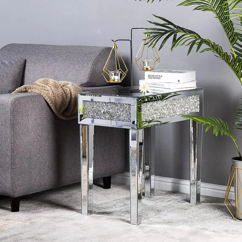 Mirrored Nightstand Set with Drawer Glass Accent Table