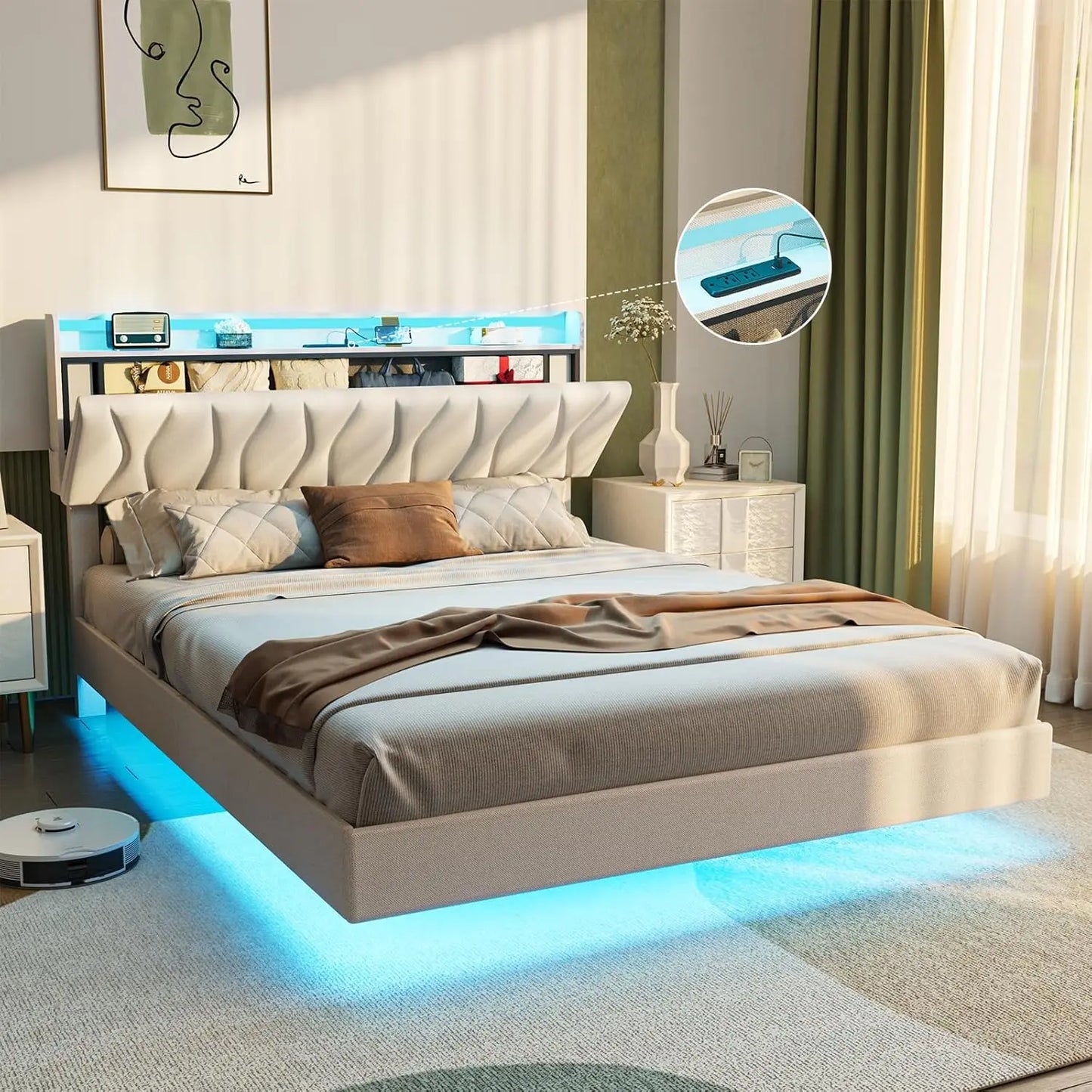 Floating Bed Frame with Storage Headboard & LED Light Frame & Charging Station