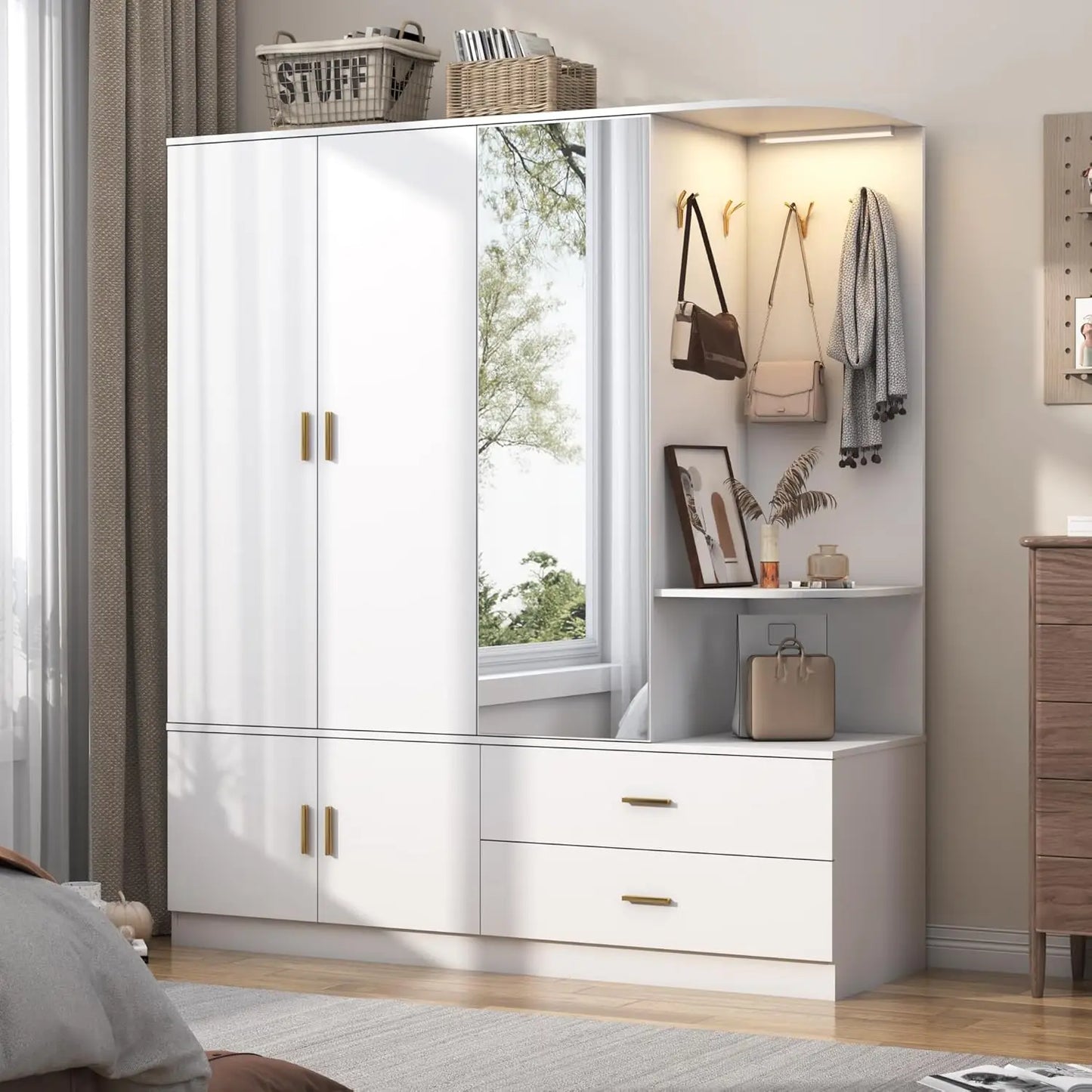 Modern Wooden Armoire Wardrobe with Mirror Sensor Light