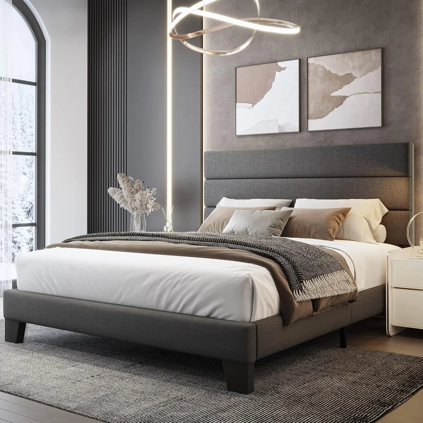 Wooden Slats Platform Linen Fabric Headboard - Bedroom Furniture