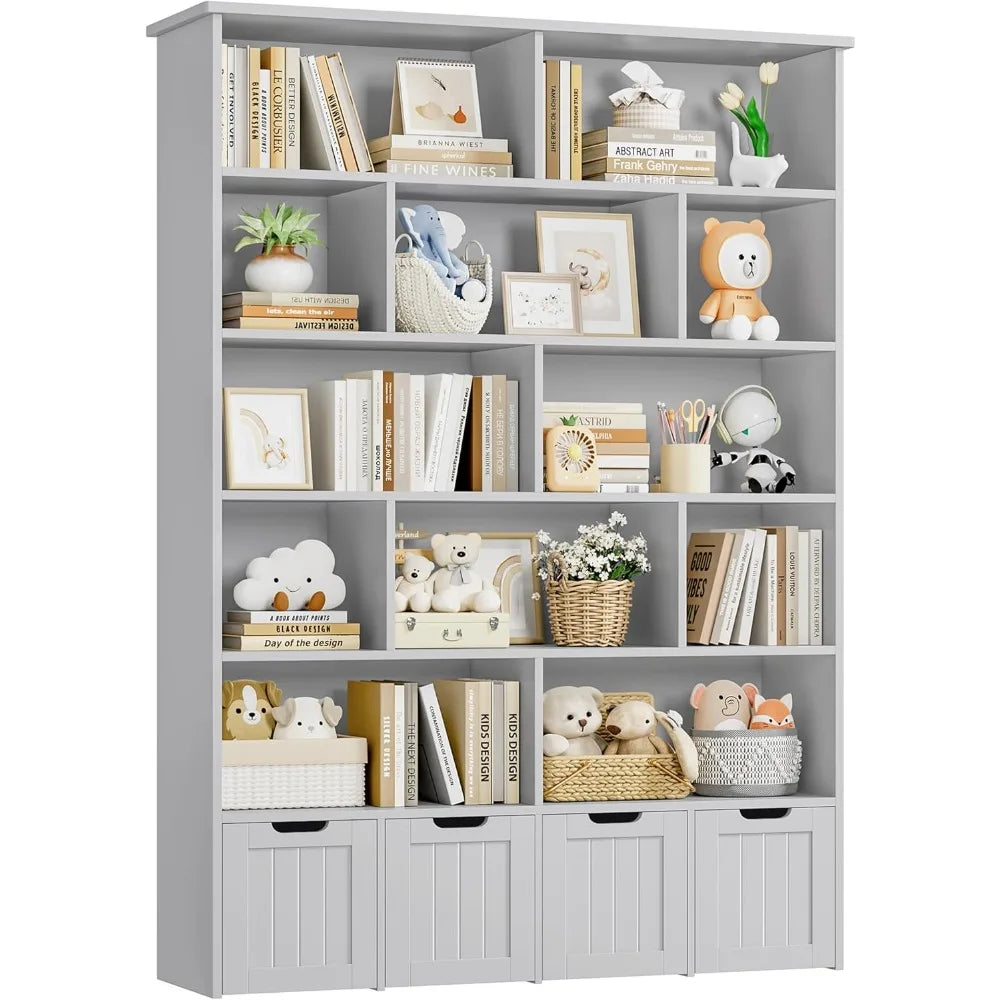 Tall Kids Bookshelf with 4 Movable Drawers and 12 Storage Cubbies