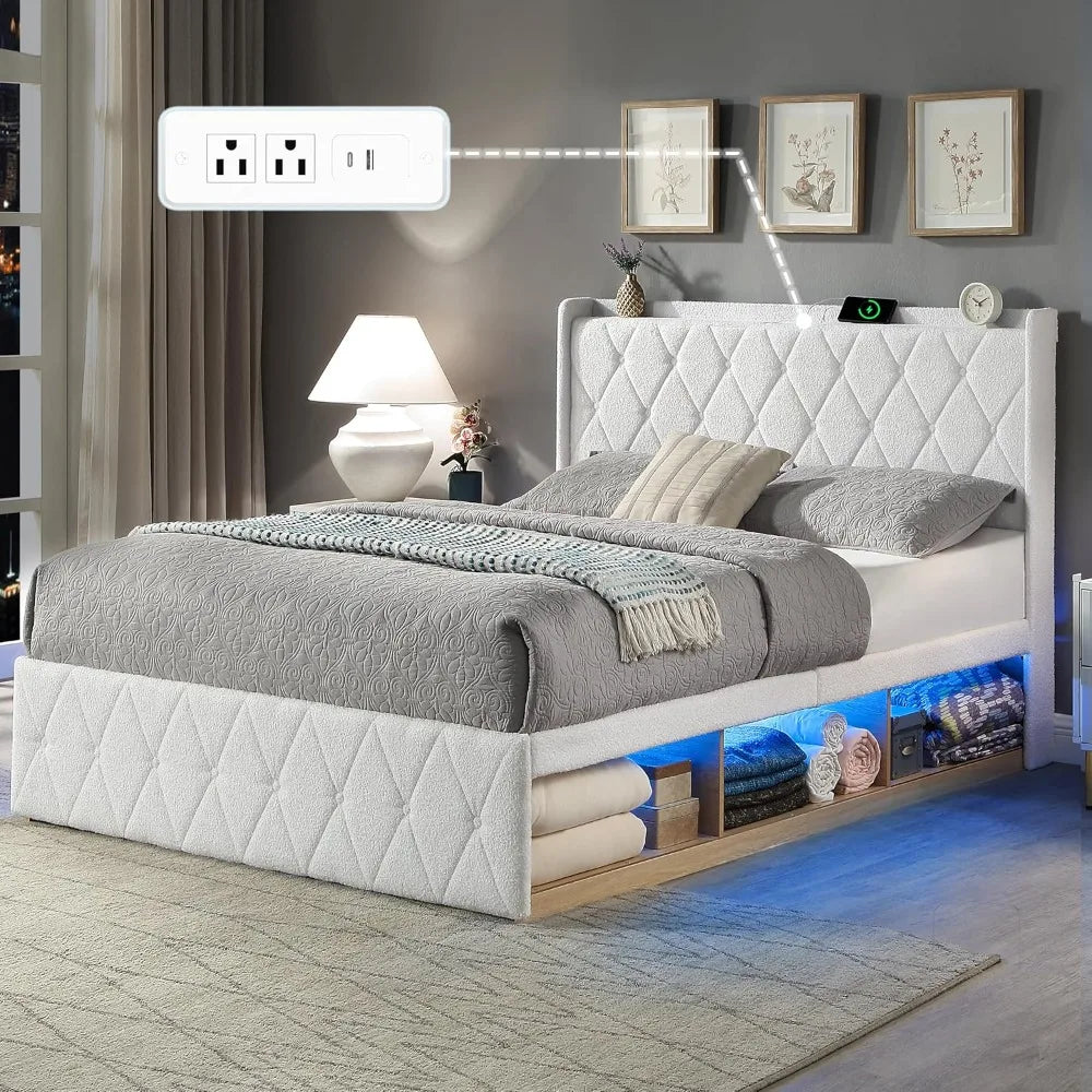 Bed Frame with Storage Cabinet and LED Lights