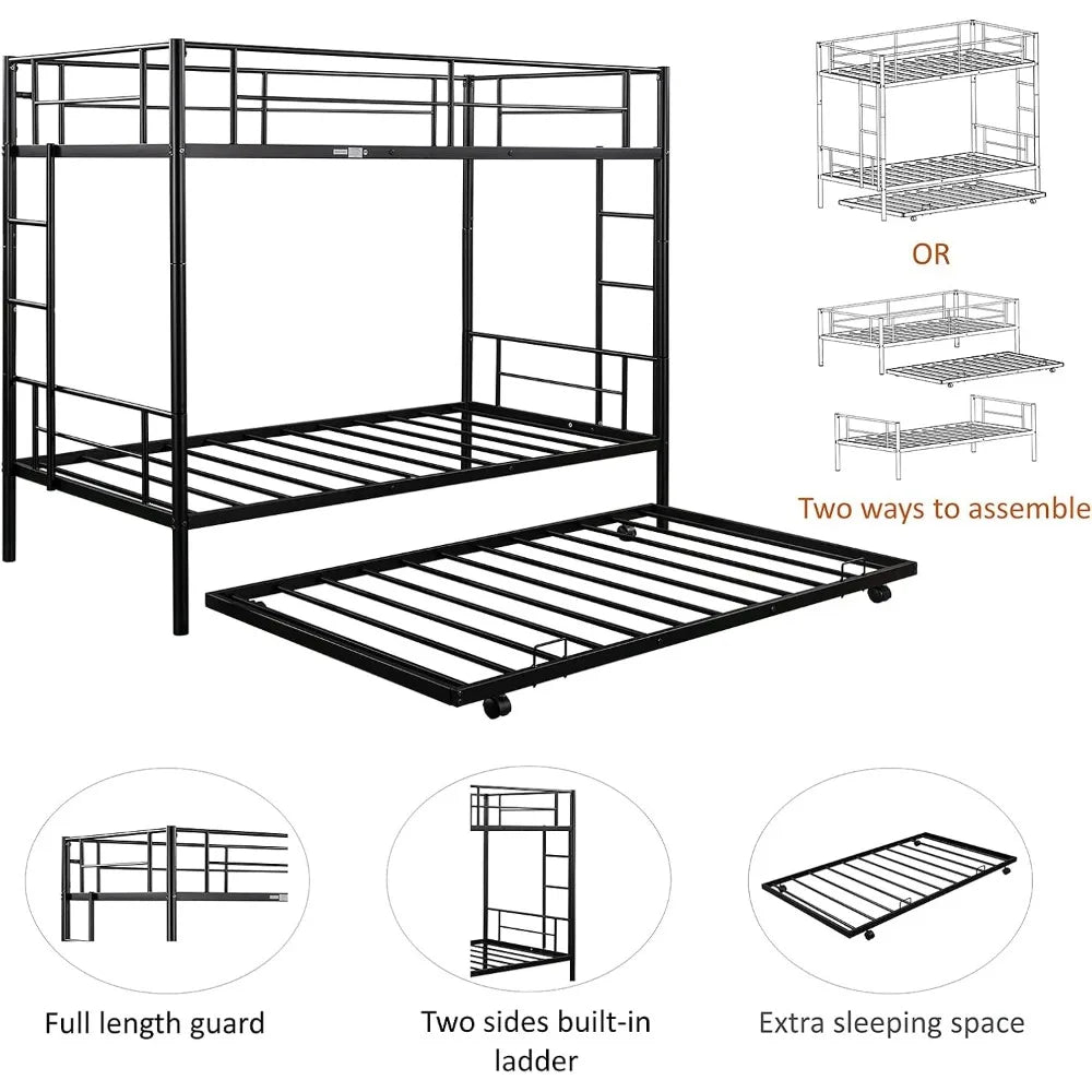 Metal Bunk Bed with Trundle Twin Over Twin