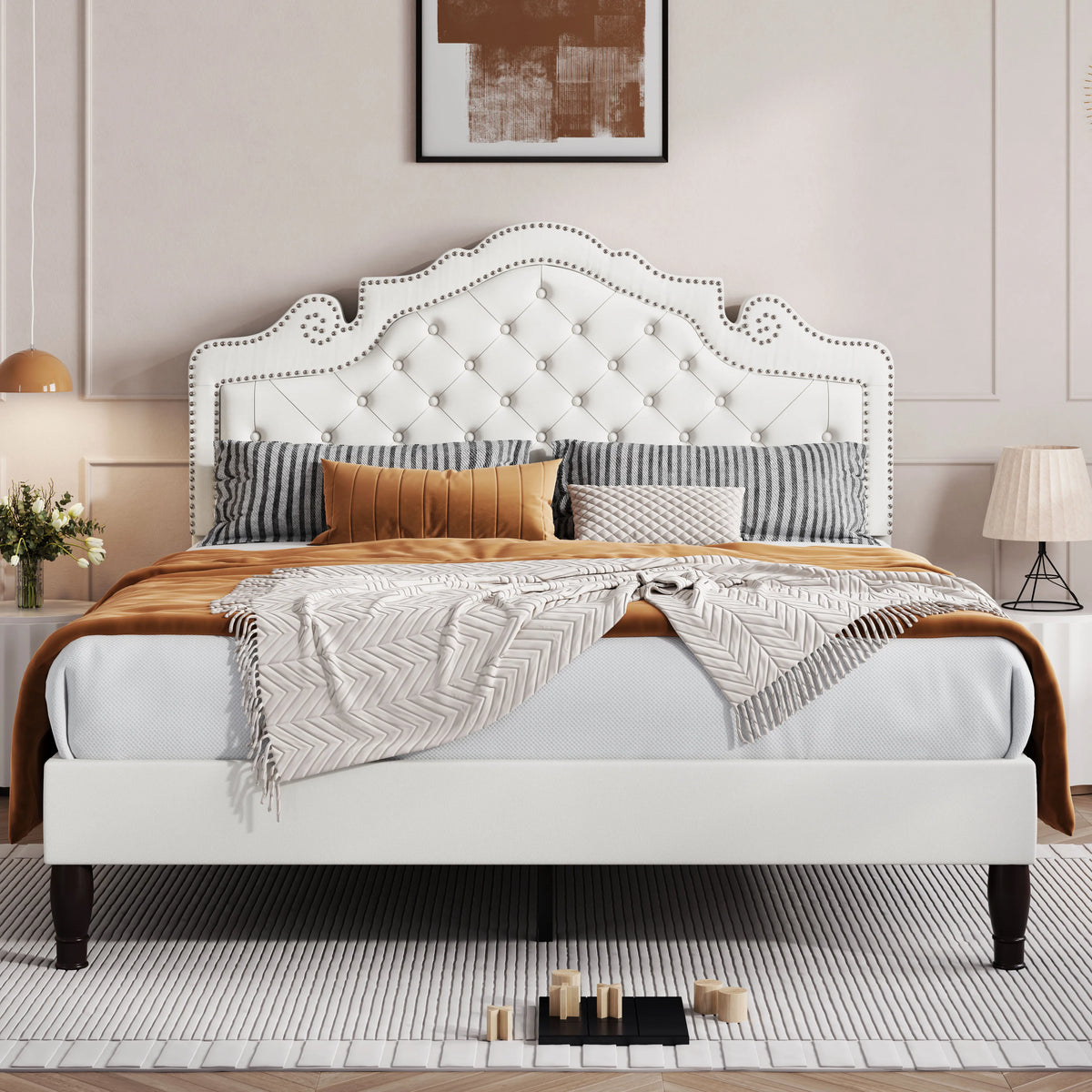 Bed Frame with Adjustable Velvet Tiara Headboard