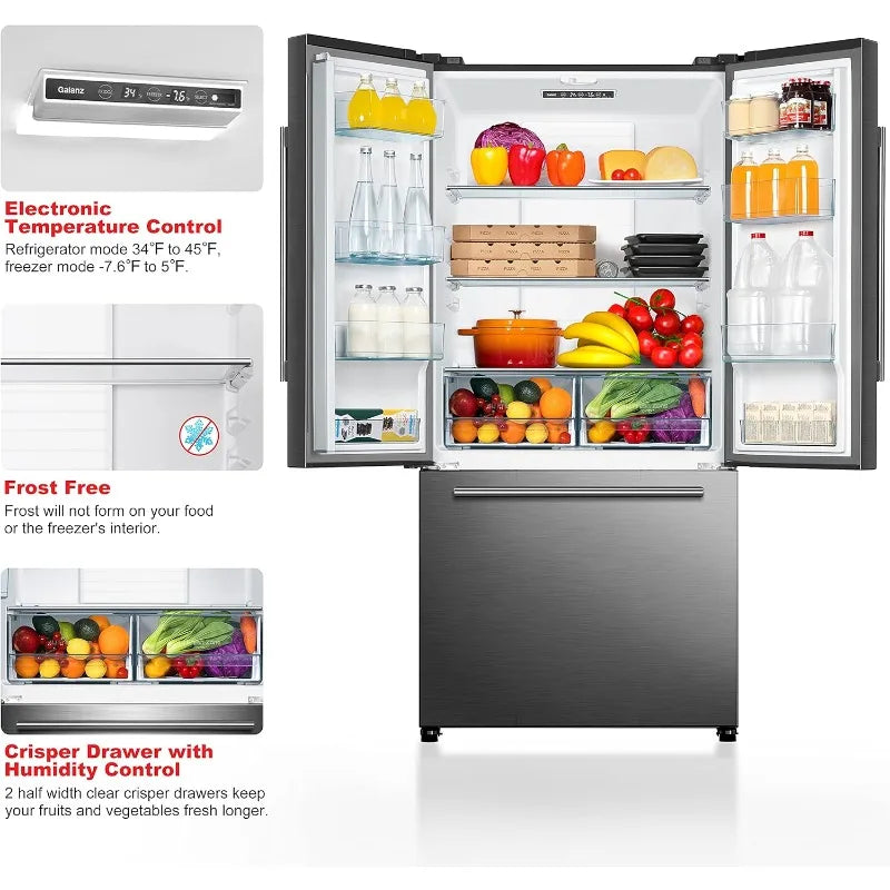 French Door Refrigerator with Installed Ice Maker and Bottom Freezer