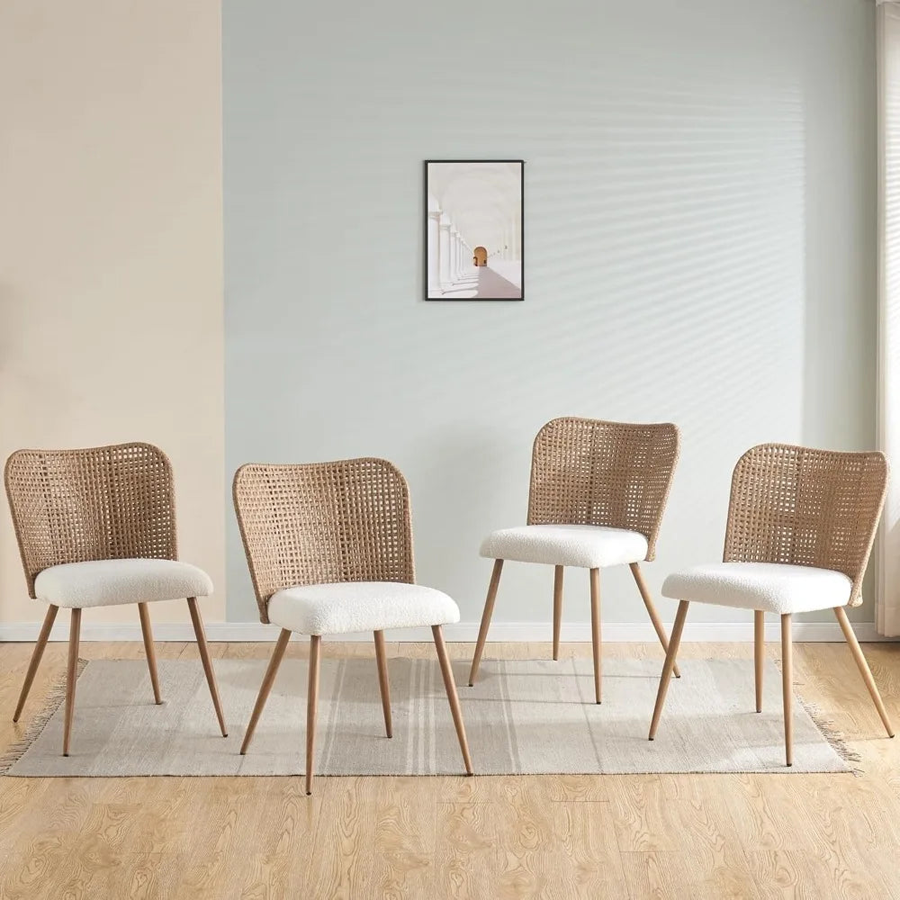 Modern Upholstered Rattan Dining Chairs with Full PE Cane Back and Metal Legs