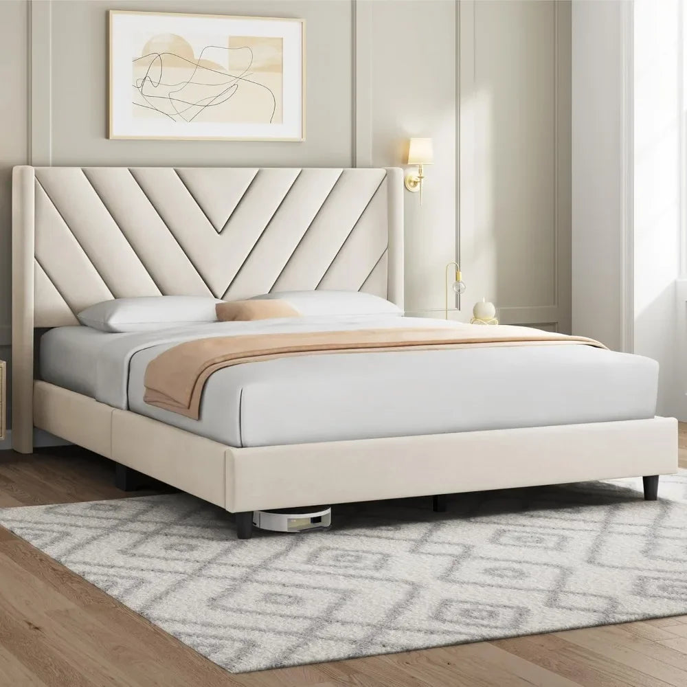 Bed Frame Upholstered Platform with Wing Side