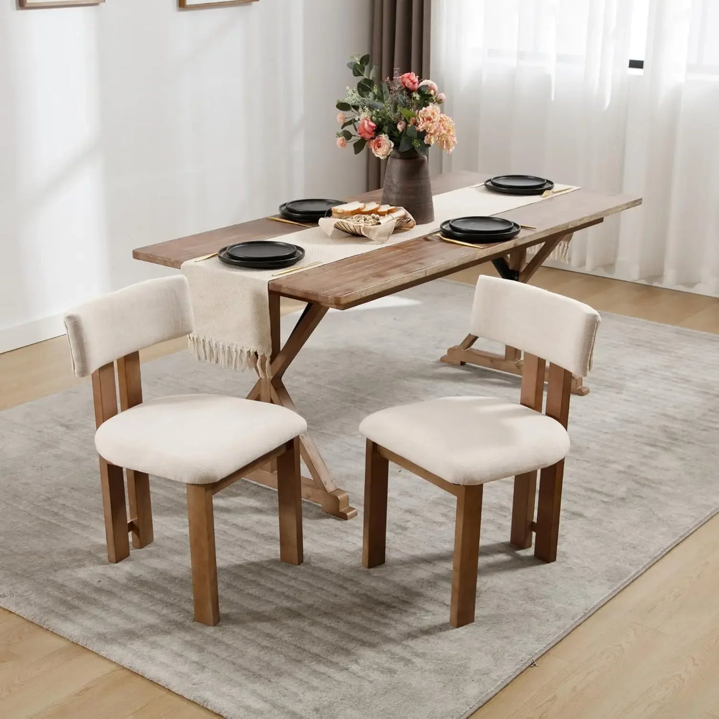 Armless Upholstered Accent Linen Dining Chairs Set with Natural Hardwood Legs
