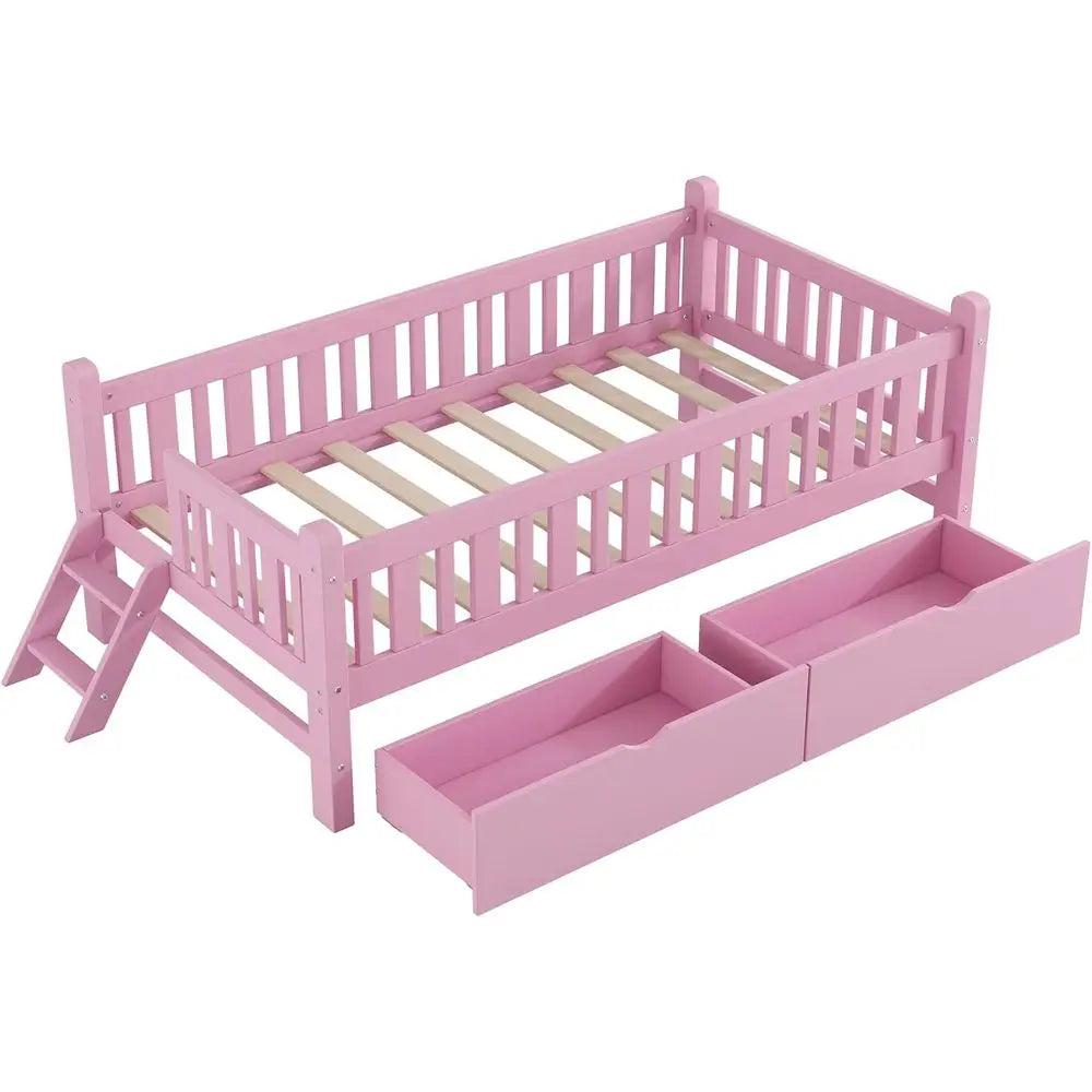 Low Platform Bed with Stairs and Ladder